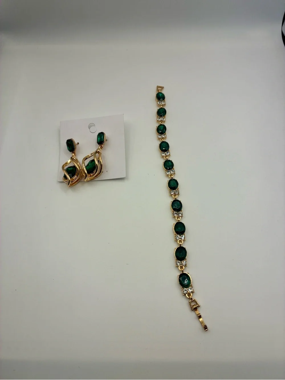Gold-Tone Green Crystal Bracelet and Earring Set